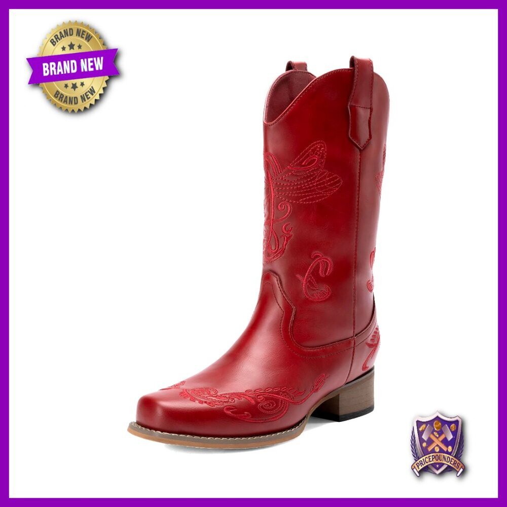 Square Toe Western Boots Pull On Chunky Heel Mid Calf Embroidered Cowgirl